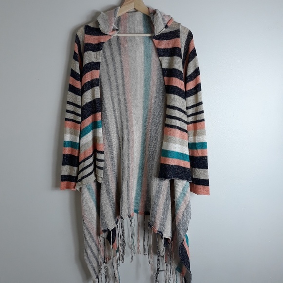 Full Tilt Sweaters - Full Tilt| Striped Open Front Hooded cardigan